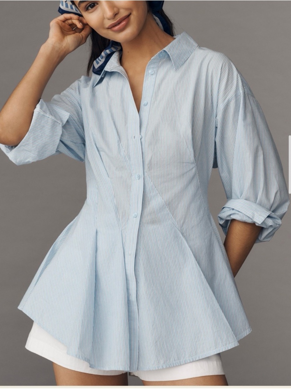Maeve Light Blue Pinstripe Peplum Button-Up Blouse